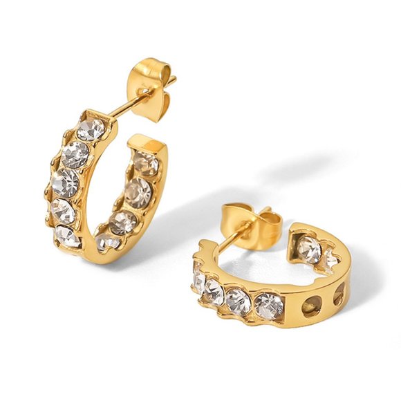 Inlaid Full Zircon CC Shape Huggie Hoop Earrings 18K Gold Plated Stainless Steel - Picture 1 of 8